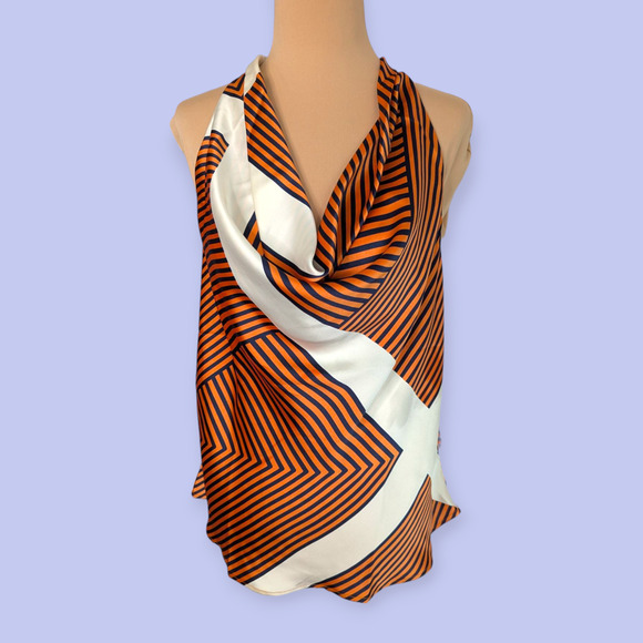 LOFT Cowl Neck geometric satin shell tank blouse NWT orange cream black - Picture 1 of 6